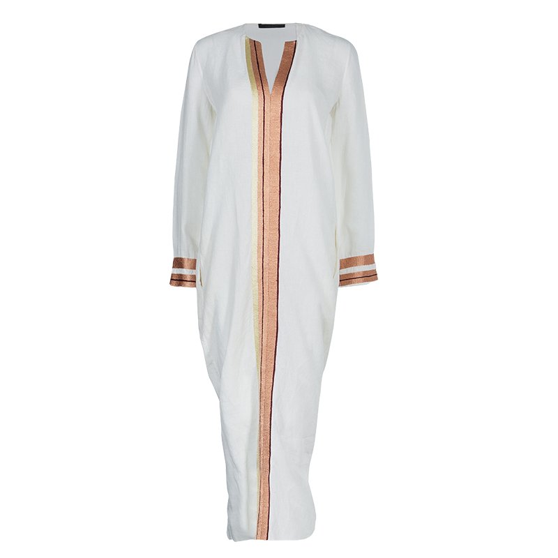 The Row White Linen Embroidered Long Sleeve Kaftan XS