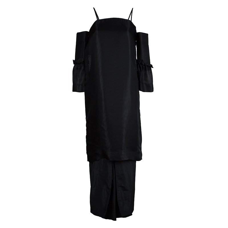 The Row Black Cold Shoulder Mesh Layered Midi Dress S