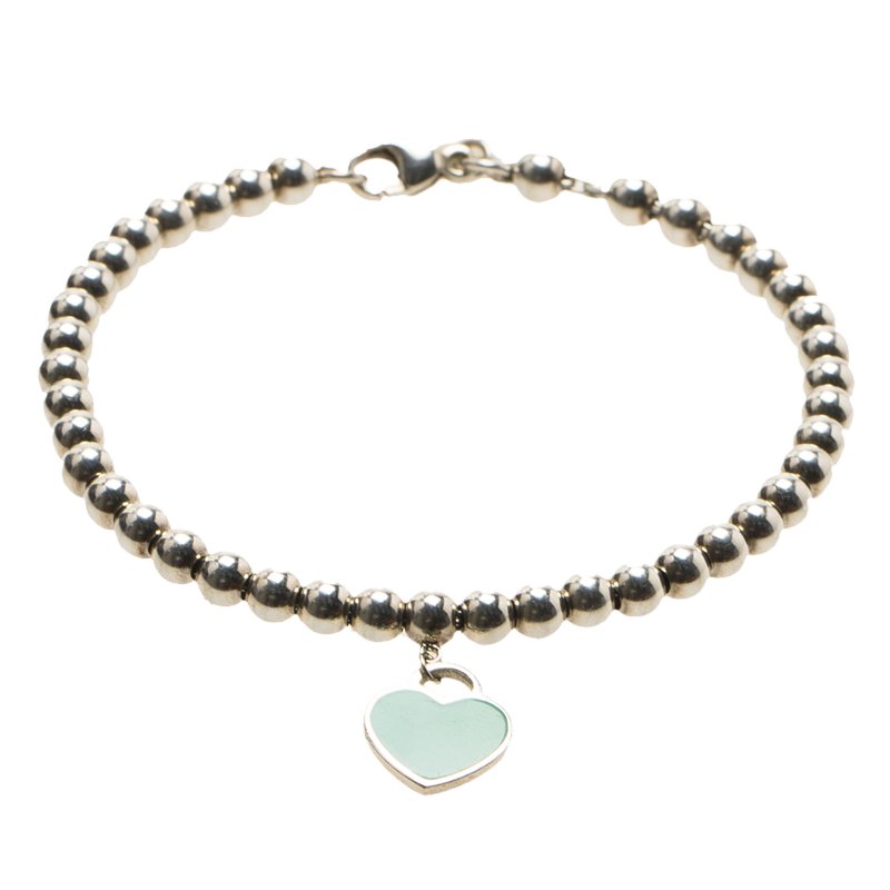 Pre Owned Tiffany & Co. Return to Tiffany Enamel Heart Tag Silver Beads Bracelet 17cm