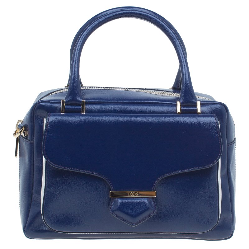 Pre Owned حقيبة تودز ميليتري باولر جلد أزرق داكن لامع صغيرة