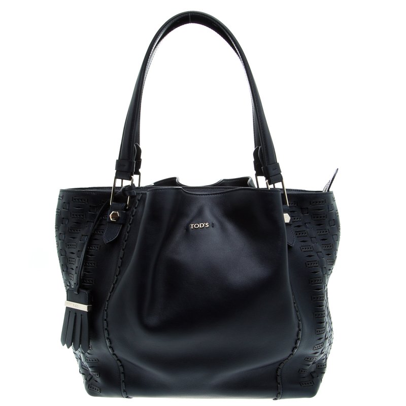 Pre Owned حقيبة يد تودز سحاب شوبينغ جلد زرقاء كحلية