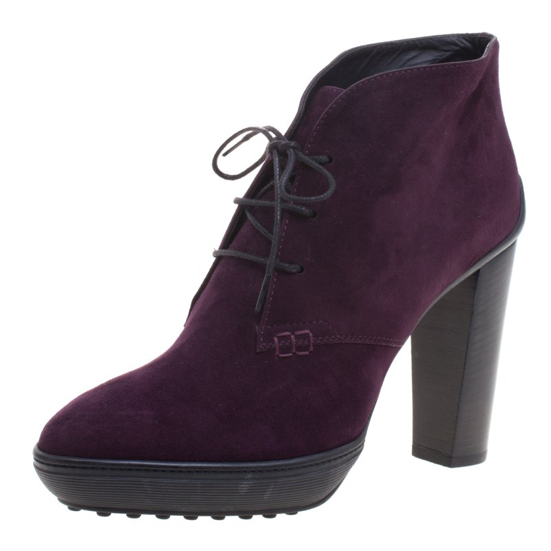 Tod's Purple Suede Block Heel Lace Up Boots Size 40