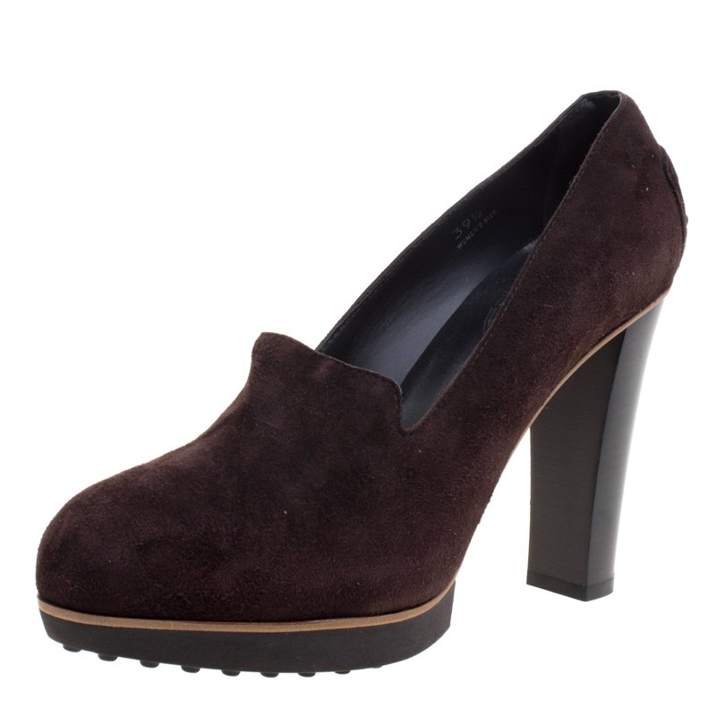 مملوكة مسبقًا Tod's Brown Suede Loafer Platform Pumps Size 39.5