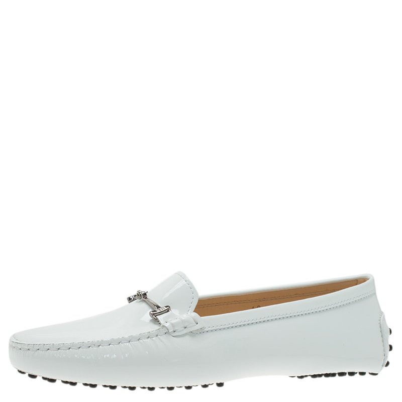 Pre Owned Tod's White Patent Horsebit Loafers Size 40