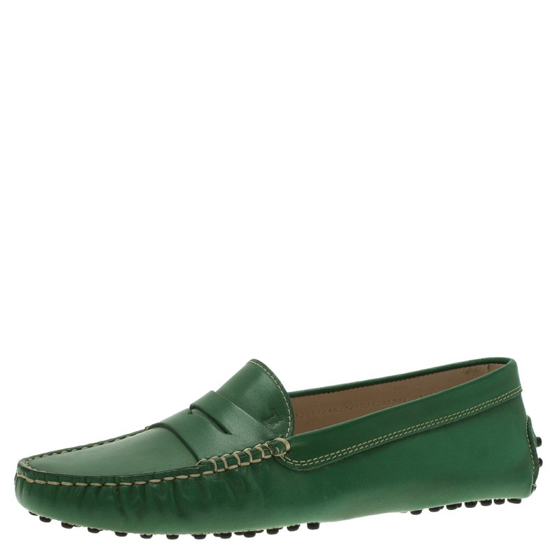 Tod's Green Leather Penny Loafers Size 