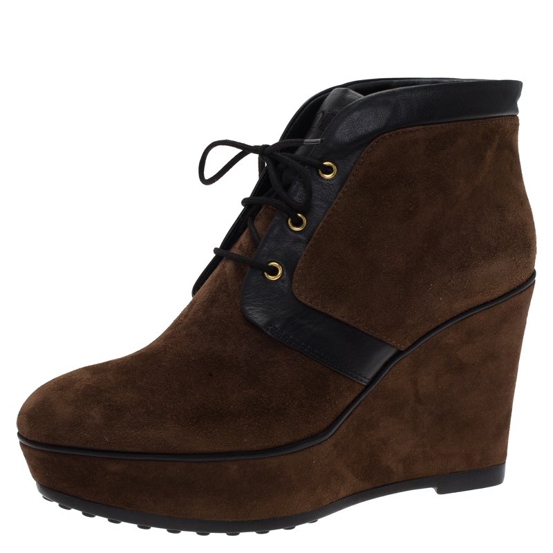 Pre Owned Tod's Brown Suede and Black Leather Lace Up Wedge Ankle Boots Size 36