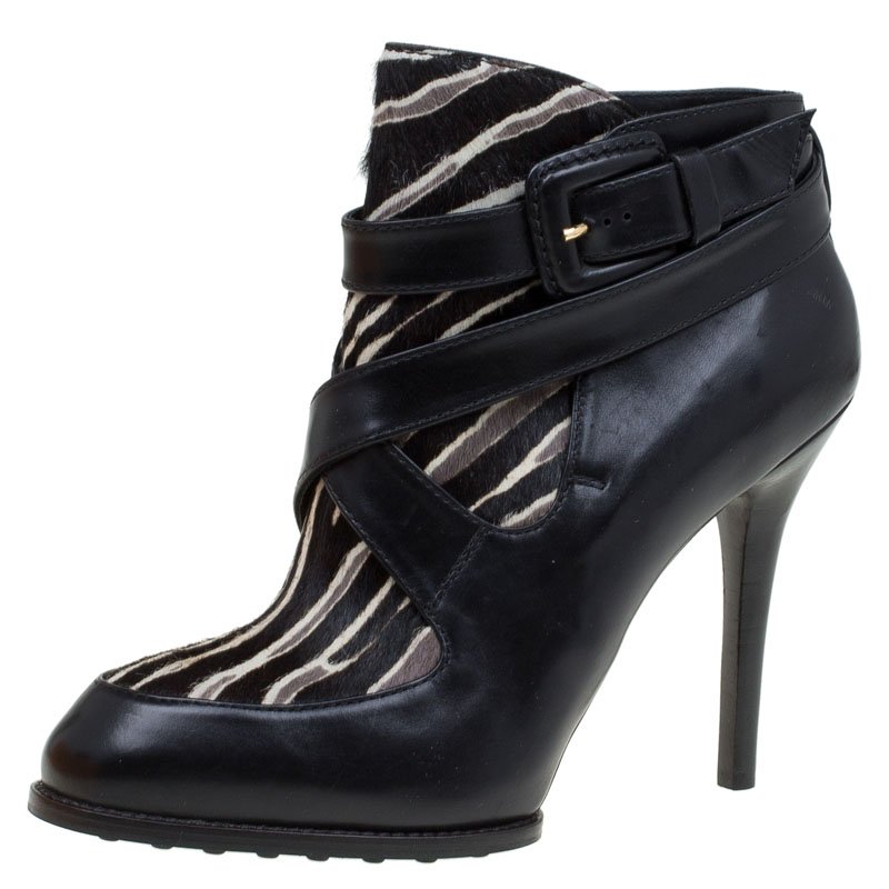 Pre Owned Tod's Black Leather and Zebra Print Hair On Ankle Boots Size 37