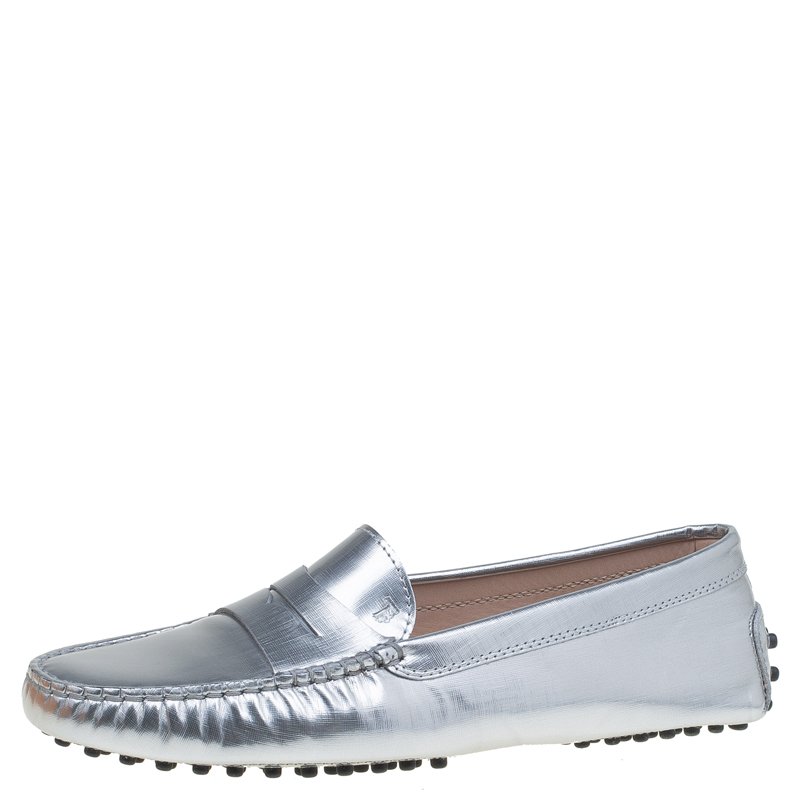 womens silver penny loafers