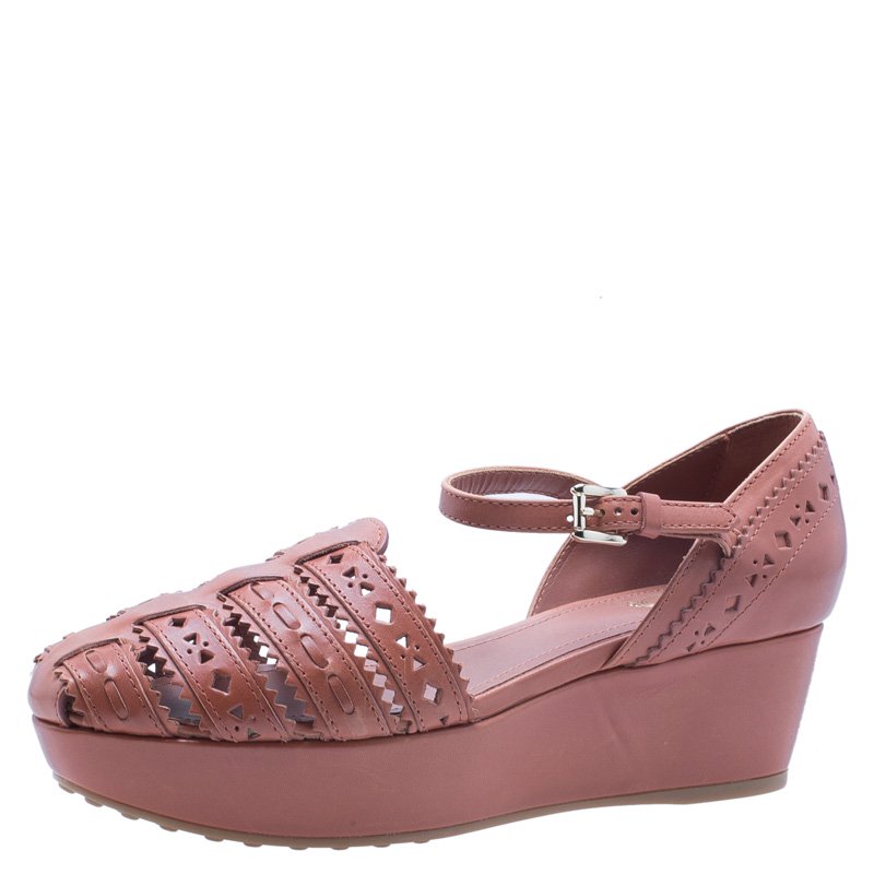 Pre Owned Tod's Brown Cutout Leather Ankle Strap Wedge Sandals Size 38