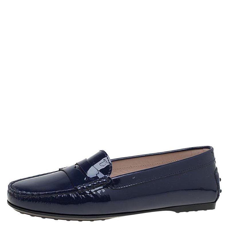 Pre Owned Tod's Blue Patent Penny Loafers Size 38.5