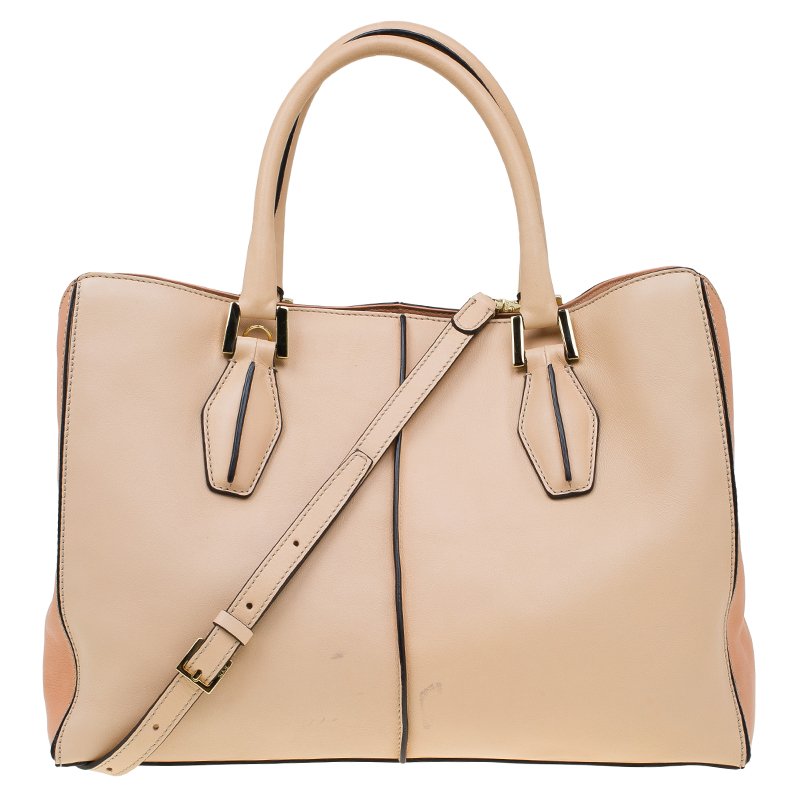 مملوكة مسبقًا حقيبة يد تودز D كيوب متوسطة جلد لون ثنائي بيج