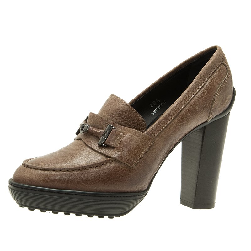 Pre Owned Tod's Brown Leather Loafer Pumps Size 36.5 