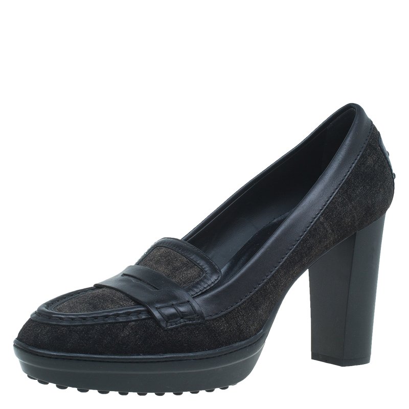 Pre Owned حذاء كعب عالي تودز بيني لوفرز سويدي أسود وجلد مقاس 40.5