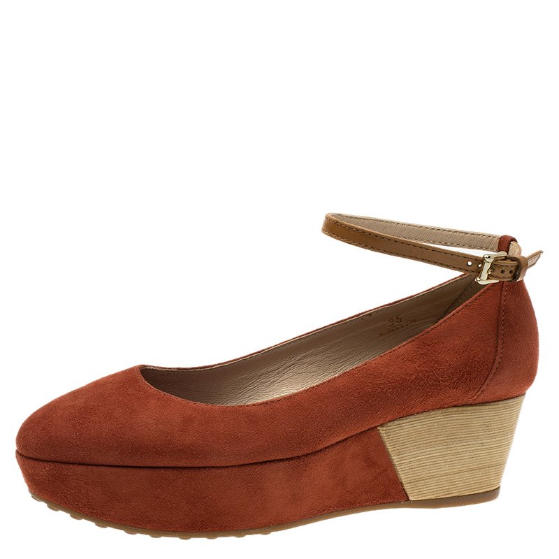 Pre Owned Tod's Brown Suede Ankle Strap Platform Wedge Pumps Size 35