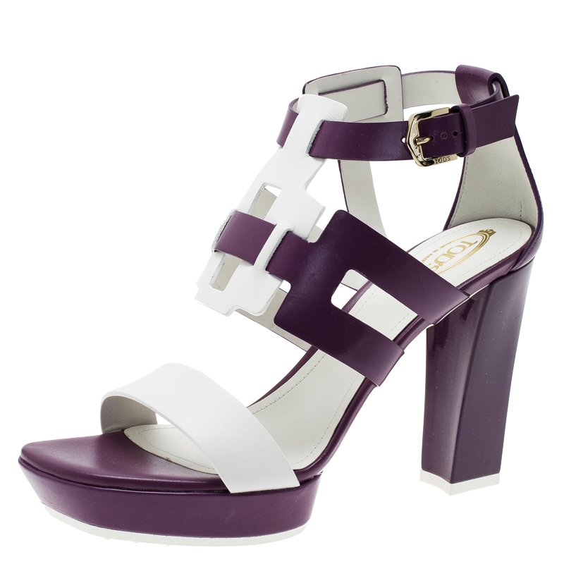 مملوكة مسبقًا Tod's Purple and White Cut Out Leather Sandals Size 37.5