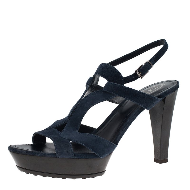 Pre Owned Tod's Navy Blue Cutout Suede Platform Sandals Size 39.5