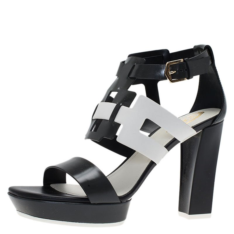 Tod's Black and White Cut Out Leather Sandals Size 37.5