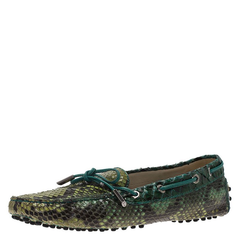 Pre Owned Tod's Green Python Bow Loafers Size 38.5