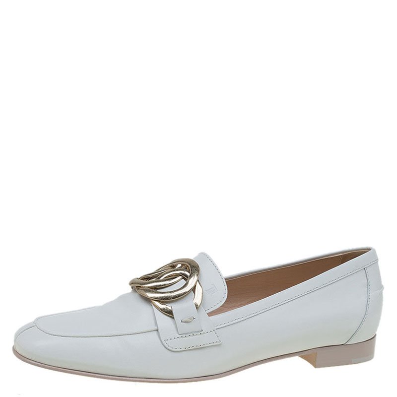 Tod's White Leather Buckle Detail Loafers Size 38.5