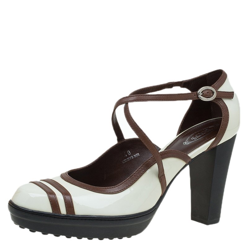 Pre Owned حذاء كعب عالي تودز جلد لامع كريمي/بني سيور متقاطعة نعل سميك مقاس 40