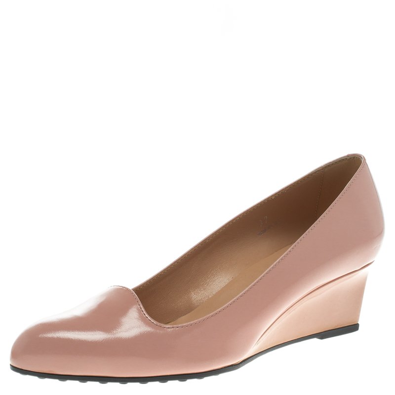 Pre Owned Tod's Blush Pink Leather Almond Toe Wedge Pumps Size 37