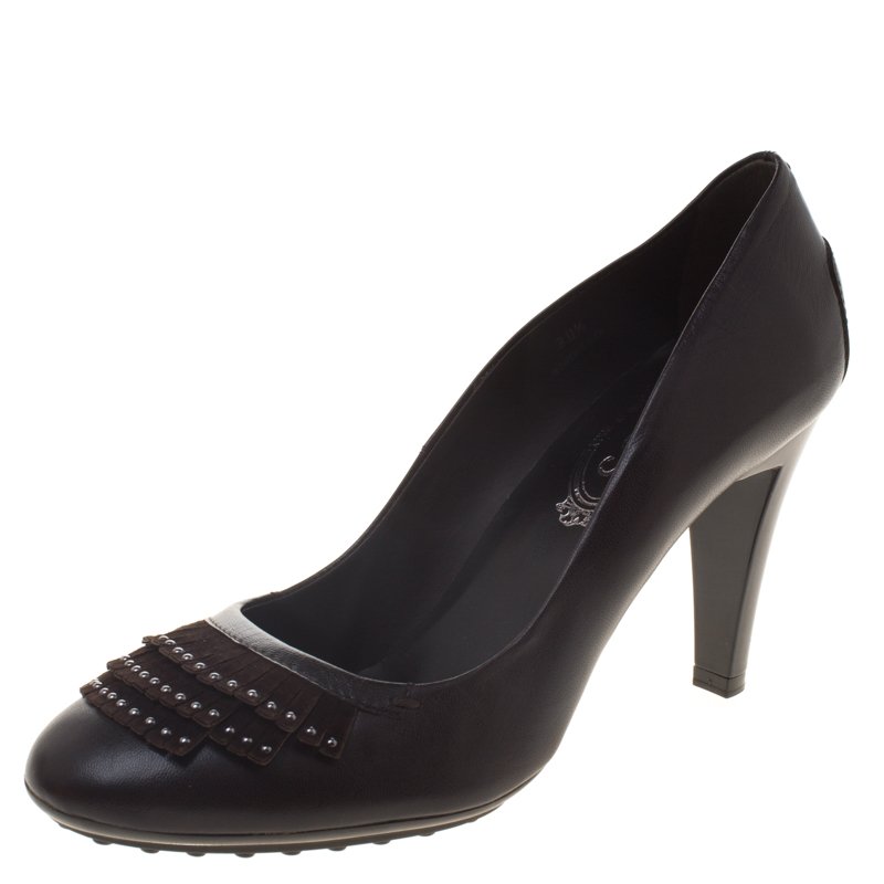 Pre Owned Tod's Brown Leather and Suede Fringe Pumps Size 39.5