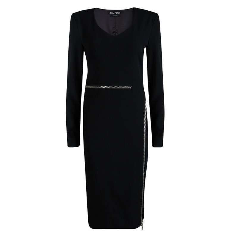 Pre Owned Tom Ford Black Zip Detail Long Sleeve Dress M