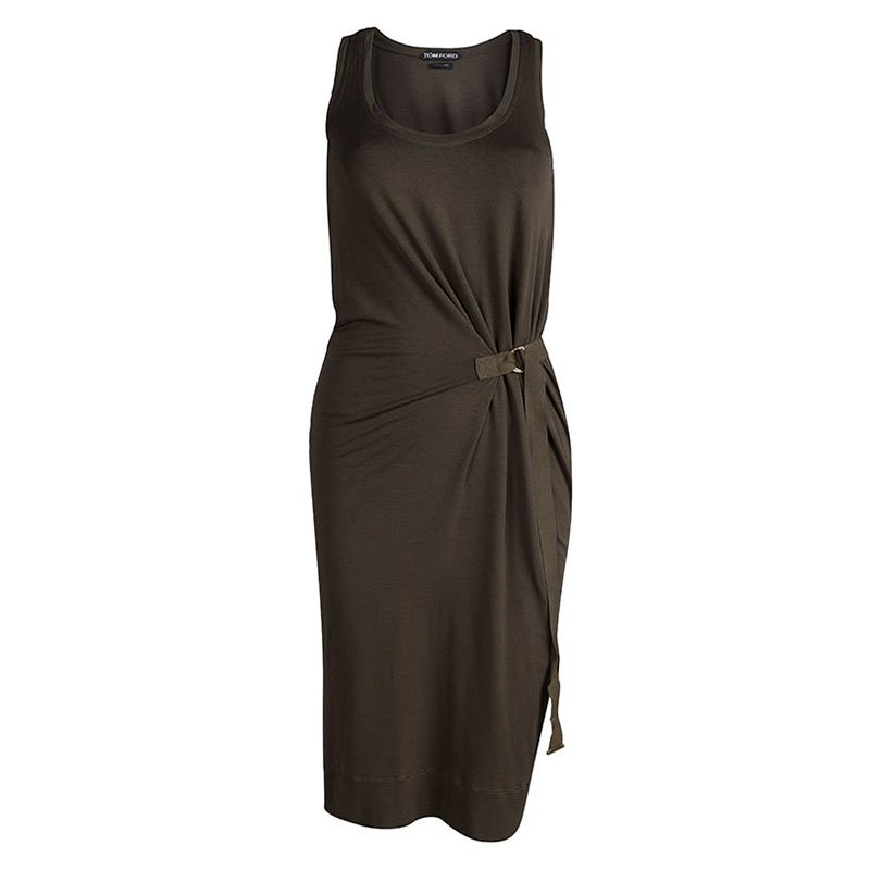 Pre Owned Tom Ford Olive Green Knit Belted Sleeveless Dress S