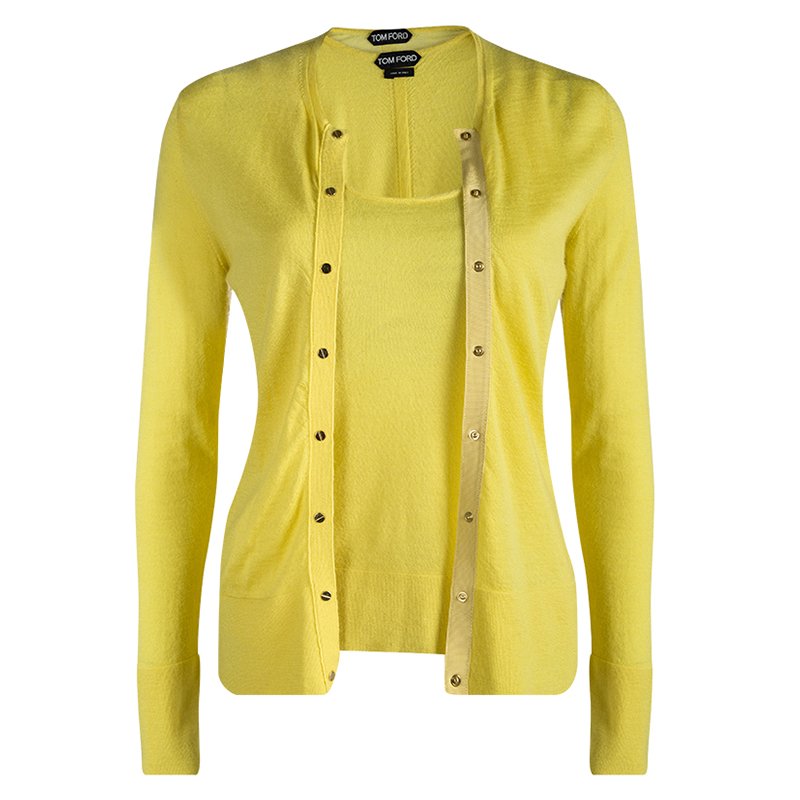 Pre Owned Tom Ford Yellow Cashmere Top and Cardigan Set S