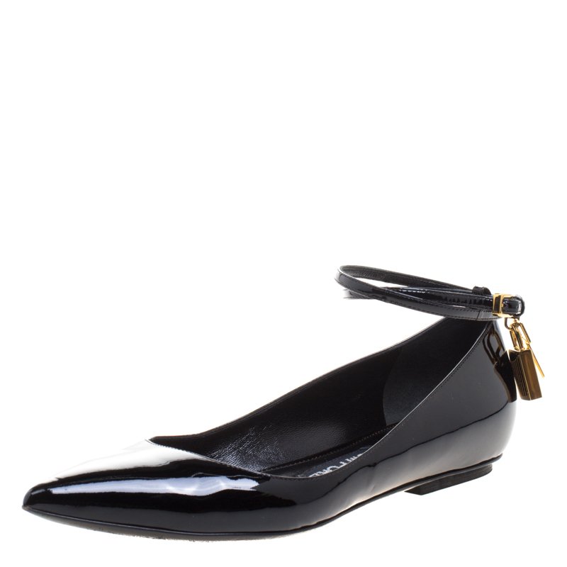 Tom Ford Black Patent Leather Ankle Wrap Lock Ballet Flats Size 37
