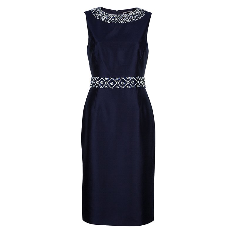 Pre Owned Tory Burch Heather Navy Blue Embellished Dress S