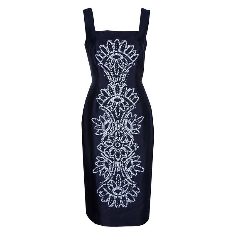 Pre Owned Tory Burch Lily Navy Blue Embroidered Dress M