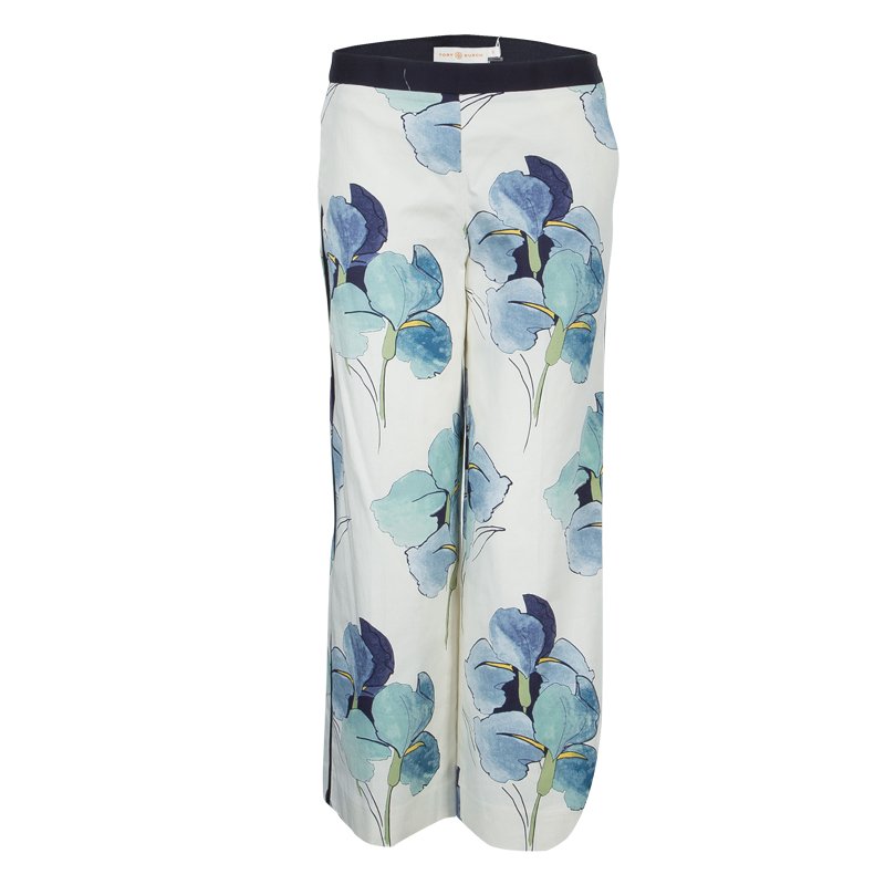 Pre Owned Tory Burch White Floral Print Wide Leg Eliza Pants S