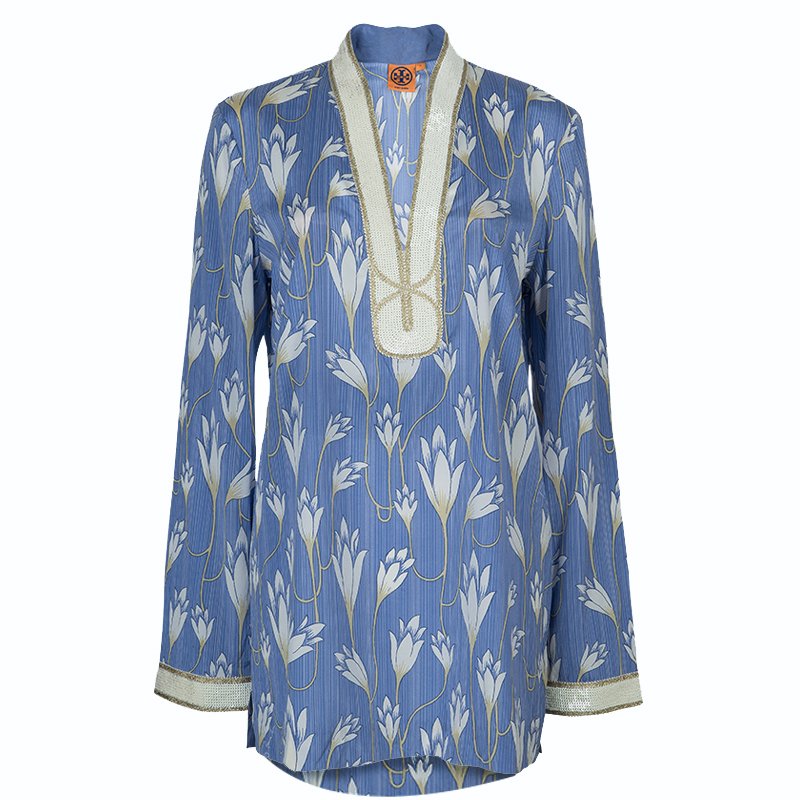 Pre Owned Tory Burch Blue Floral Print Sabrina Tunic L