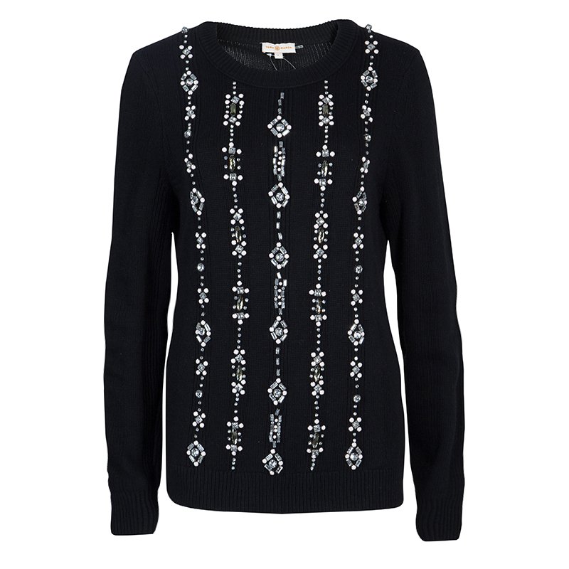Pre Owned Tory Burch Black Crystal Embellished Etta Sweater  L