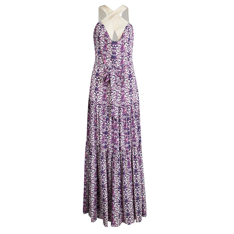 Tory Burch Purple Printed Silk Sleeveless Tiered Maxi Dress L