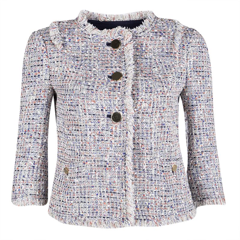 Pre Owned Tory Burch Multicolor Textured Tweed Cropped Jacket XS
