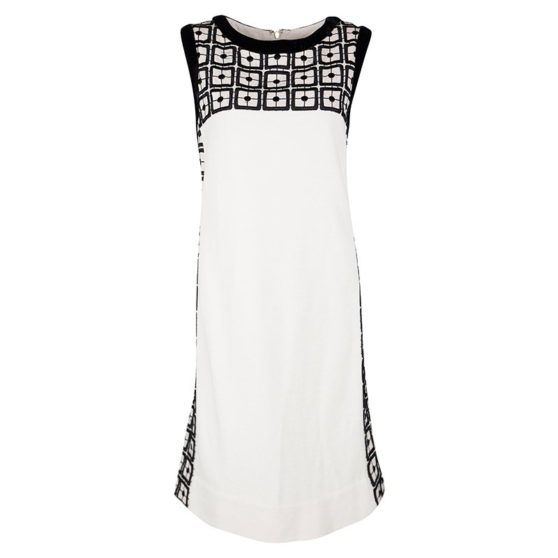 Tory Burch Cream Contrast Embroidered Velvet Trim Sleeveless Denise Dress L