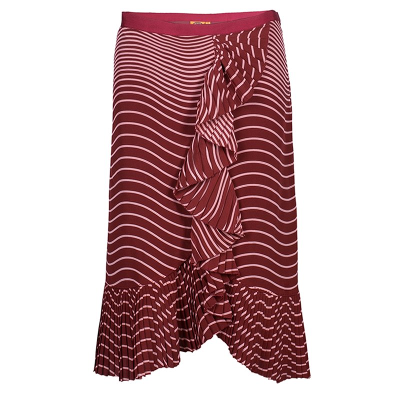 Pre Owned Tory Burch Red Opalina Wavy Striped Pleated Skirt M
