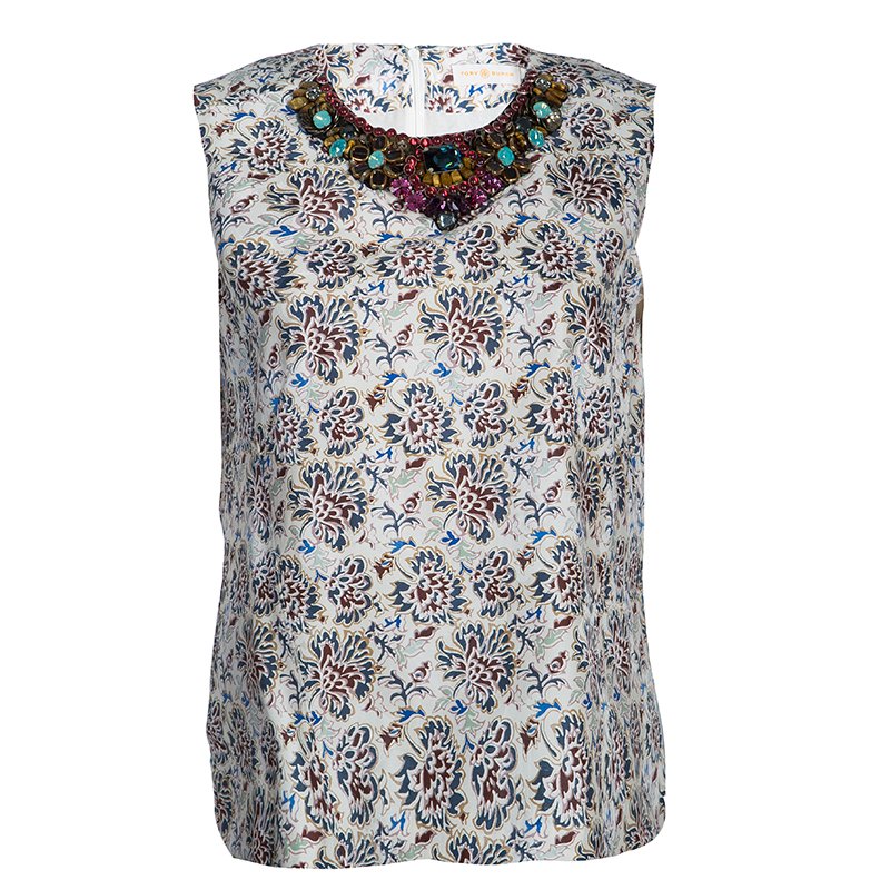 Tory Burch Floral Print Embellished Sleeveless Top M