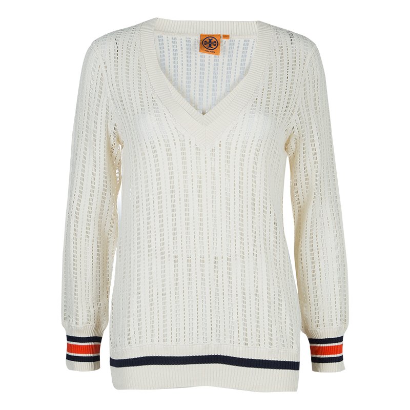Pre Owned Tory Burch Cream Ozzy Cutwork Detail Sweater S