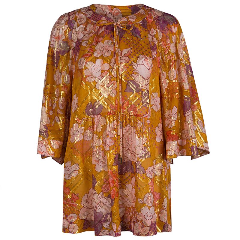 Tory Burch Multicolor Floral Print Lurex Detail Long Sleeve Tunic L