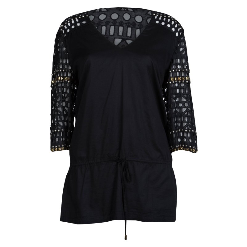 Pre Owned Tory Burch Black Cutwork Detail Studded Cotton Tunic L