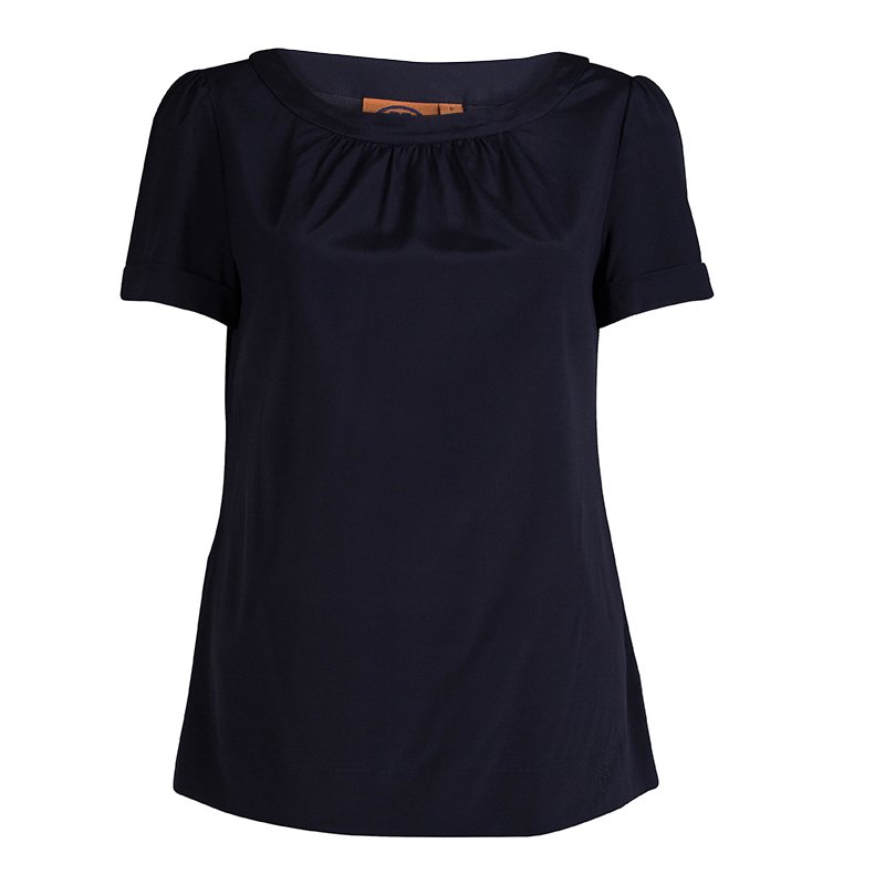 Pre Owned Tory Burch Navy Blue Short Sleeve Silk Blouse M