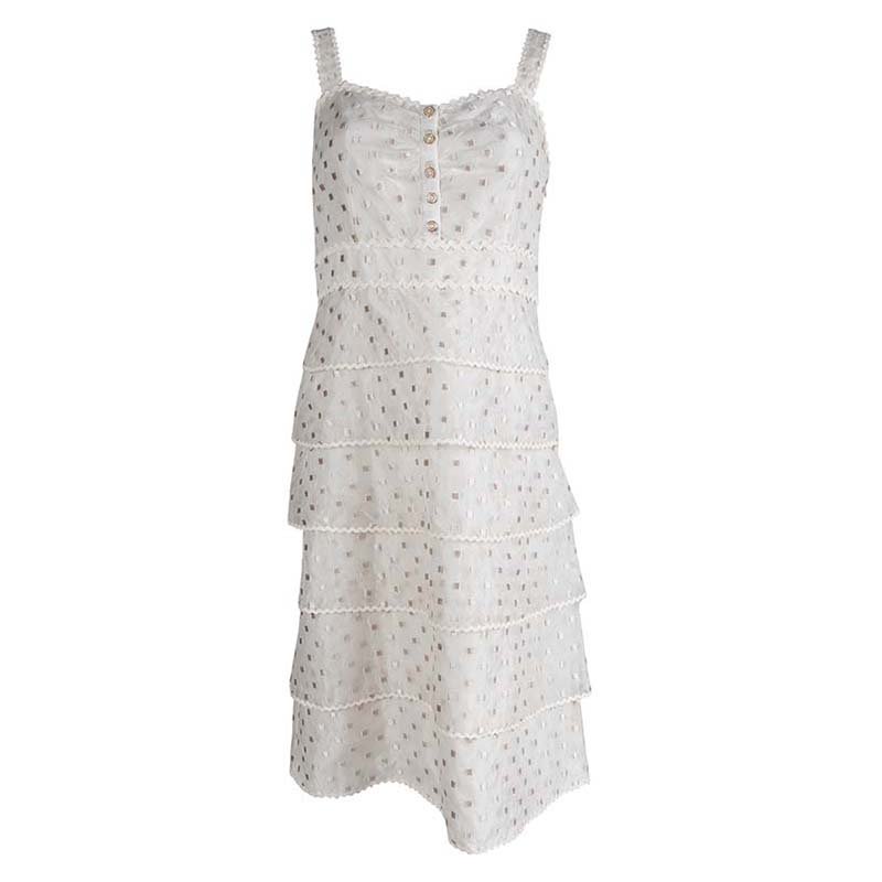 Pre Owned Tory Burch Cream Embroidered Sleeveless Tiered Dress S