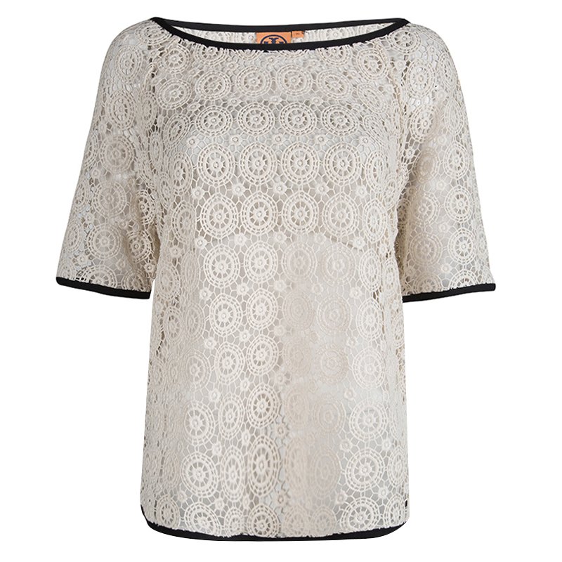 Pre Owned Tory Burch Cream Lace Short Sleeve Top XL