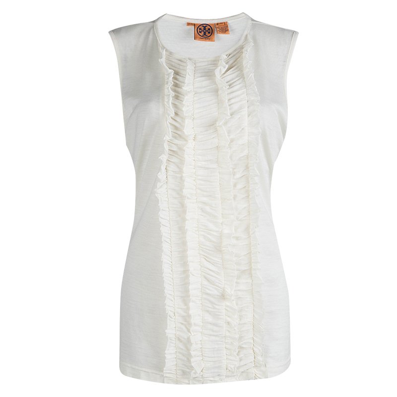 Pre Owned توب توري برش أبيض بكشكشة مزينة بلا أكمام XL