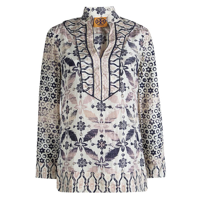 Pre Owned Tory Burch Multicolor Printed Silk Long Sleeve Top M