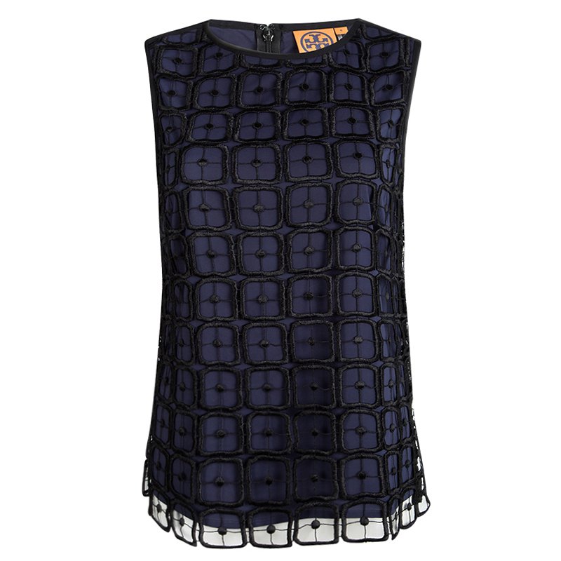 Pre Owned توب توري برش حرير أزرق كحلي طبقة دانتيل مفرغ متباين بلا أكمام M