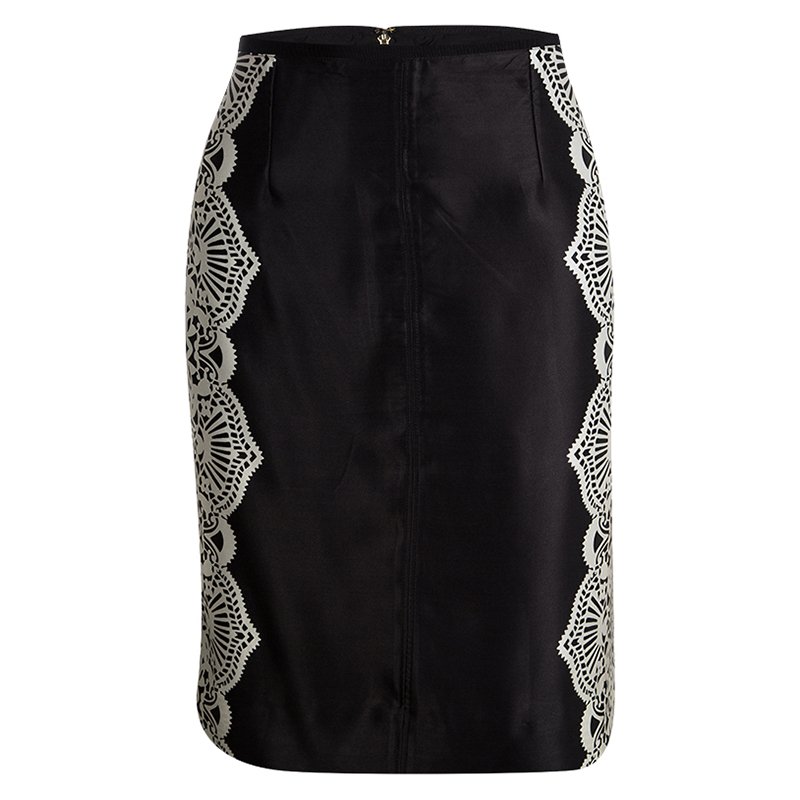 Pre Owned Tory Burch Black Satin Contrast Lace Print Skirt S